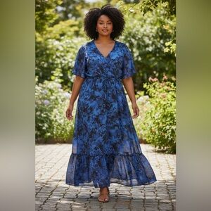 WAYWARD FANCIES ESHATKI Tiered Bohemian Maxi Dress Blue and Black 3X-24W